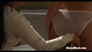 Young busty blonde lesbian slave wears nice dress for meeting with mistress